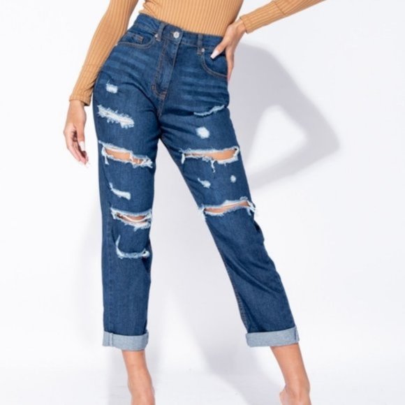 Denim - Blue High Waist Ripped Distressed Cuffed Boyfriend Jeans Denim Pants